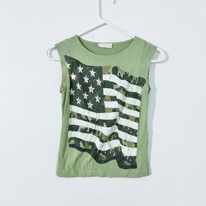 Vintage 2000s Y2K Top Women’s Size S USA Flag Army Green Baby Tee Rhinestone Top